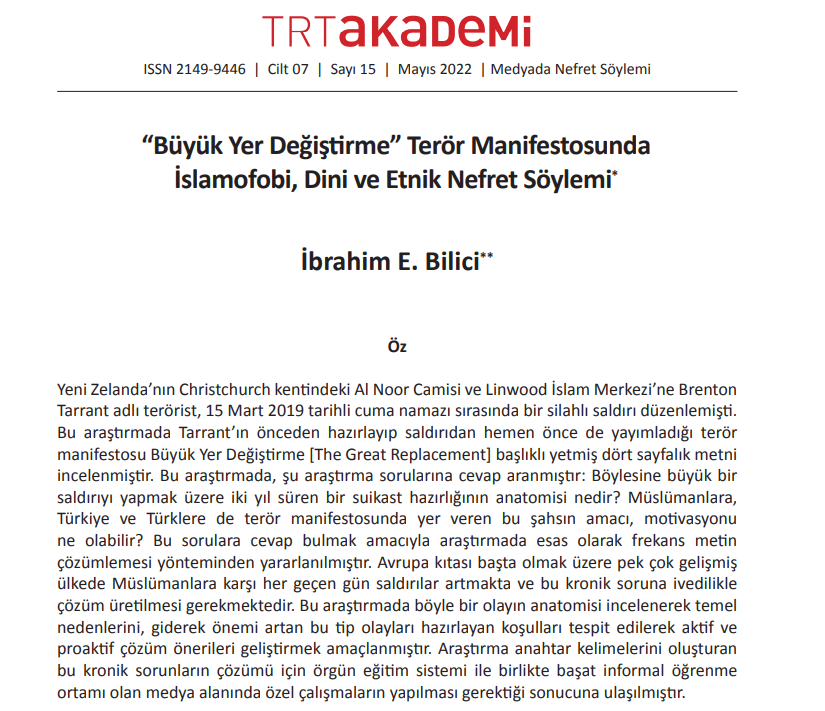 Büyük Yer Değiştirme” Terör Manifestosunda İslamofobi, Dini ve Etnik Nefret Söylemi