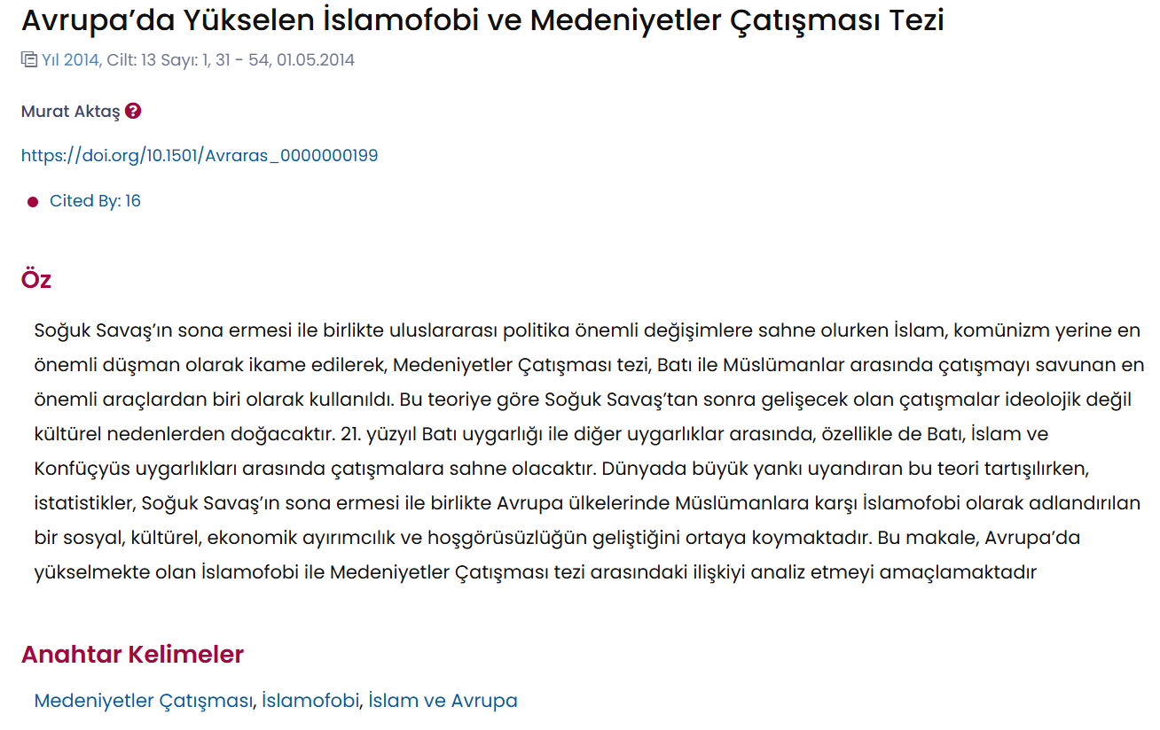 Avrupa'da Yükselen İslamofobi ve Medeniyetler Çatışması Tezi