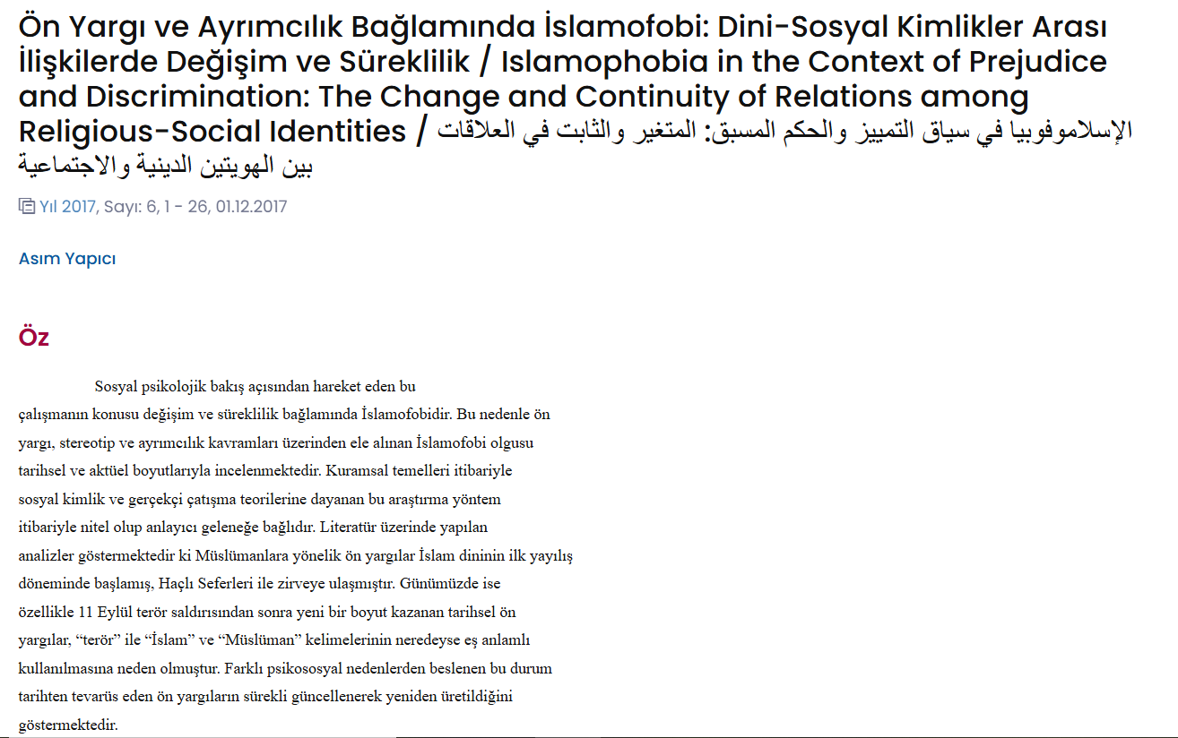 Önyargı ve  Ayrımcılık Bağlamında  İslamofobi. Dini ve Kimlikler Arası İlişkilerde Değişim ve Süreklilik