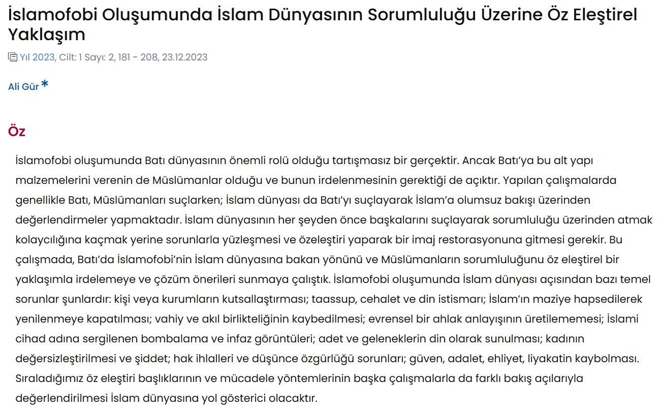 İslamofobi Oluşumunda İslam Dünyasının Sorumluluğu Üzerine Öz Eleştirel Yaklaşım