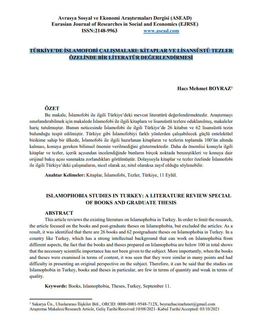 Türki̇ye’de İslamofobi̇ Çalışmalari: Ki̇taplar Ve Li̇sansüstü Tezler Özeli̇nde Bi̇r Li̇teratür Değerlendi̇rmesi̇